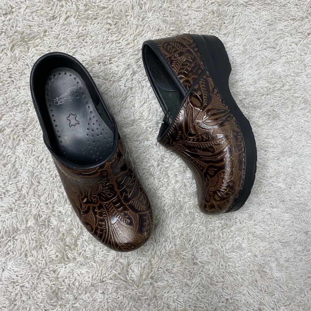 Dansko Brown Floral Tooled Slip On Clogs